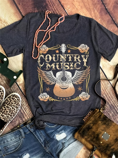 Vintage 'Country Music' Letter Print T-Shirt, Retro Style Short Sleeve Crew Neck Casual Top For All Season, Women's Clothing