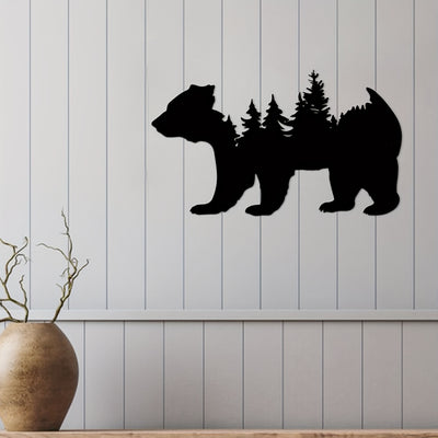 Wildlife Harmony: Metal Bear and Forest Wall Art - A Modern Décor Masterpiece for Nature Enthusiasts