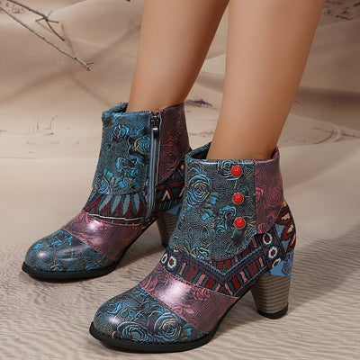 Floral Fantasy: Stylish Women's Ankle Boots with Chunky Heels and Versatile Design