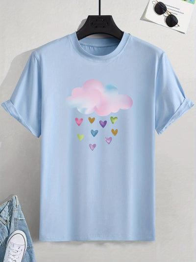 Heart Showers: Men's Colorful Cloud Print Tee for a Fun and Casual Summer Look