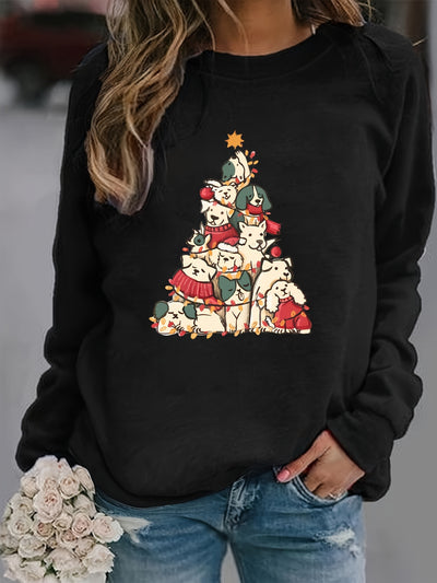 Festive Furry Friends: Christmas Dog Tree Print Sweatshirt – A Cozy Women's Casual Long Sleeve Crew Neck Sweatshirt