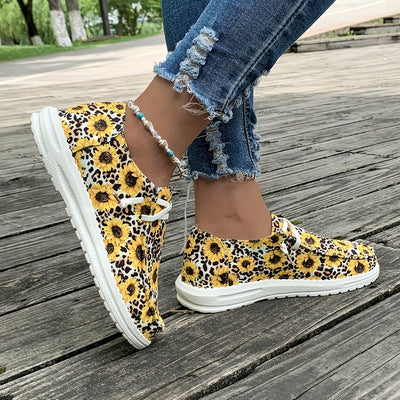 Sunflower Print Canvas Shoes - Stylish Lace Up Low Top Walking Shoes