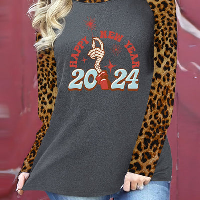 Ring in the Fabulous 2024 with Our Happy New Year Print T-Shirt: A Stylish & Casual Long Sleeve Top for Women