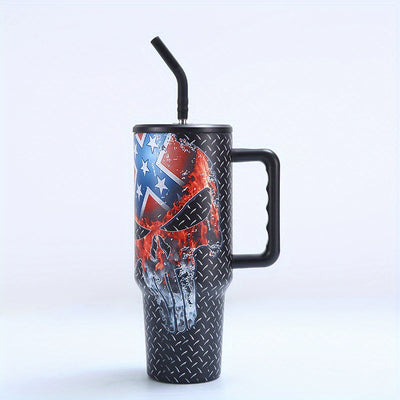 40oz Skull & US Flag Tumbler with Lid & Straw - Perfect for Car, Home, Office, Travel & Independence Day Gifts!