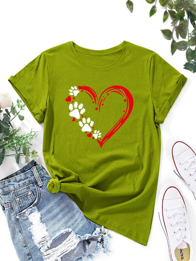 Dog Paw and Red Heart Print T-Shirt, Short Sleeve Crew Neck Casual Top For Spring & Summer, Women's Clothing