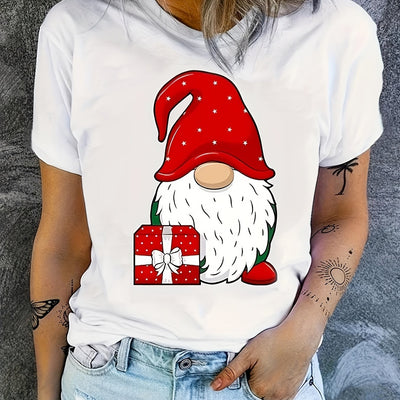 Festive Fun: Christmas Gnome Print T-Shirt- A Stylish and Playful Addition to Your Wardrobe