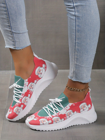 Playful and Festive: Women's Cartoon Santa Claus Print Sneakers – Holiday Magic in Every Step!