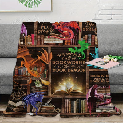 Snuggle Up with a Dragon & Books Printed Flannel Blanket - Soft & Comfy for Kids & Adults at Home, Picnics, & Travel!