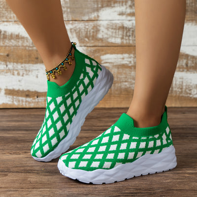 Stylish and Trendy Green Plaid Chunky Sneakers: Lightweight and Comfortable Outdoor Sport Shoes for Women