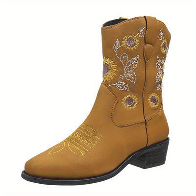 Sunflower Delight: Women's Fashionable Slip-on Cowboy Boots with Chunky Heel and Embroidered Accents