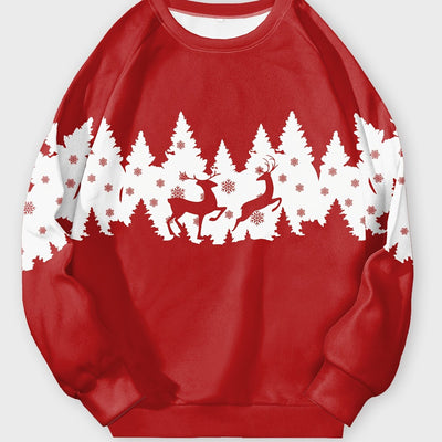 Festive Comfort: Plus Size Christmas Casual Sweatshirt for Women - Snowflake Reindeer Print Long Sleeve Pullover