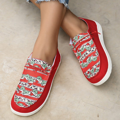 Playful Prints: Women's Cartoon-Printed Flat Loafers - Colorblock Lace-Up Slip-On Shoes for Fashionable Footwear