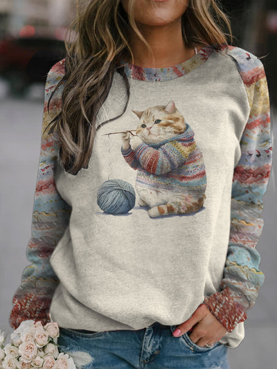 Adorable Feline Frenzy: Women's Cute Cat Print Crew Neck Sweatshirt - Casual, Long Sleeve & Drop Shoulder