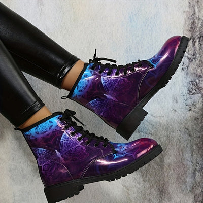 Stylish Women's Butterfly Print Ankle Boots: Fashionable Lace-up Combat Boots for a Trendy and Comfy Look