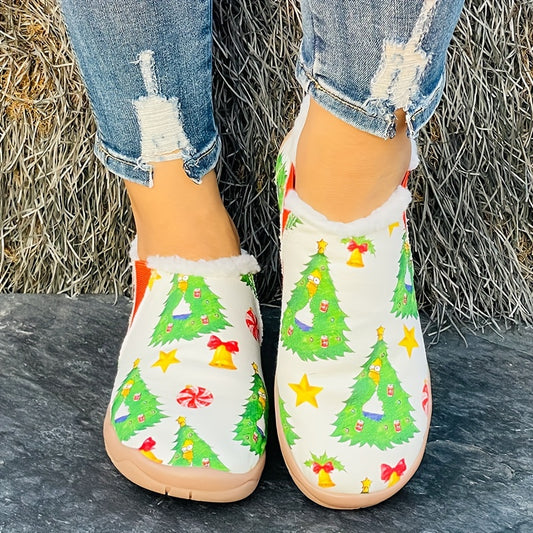 Festive Feet: Women's Winter Warm Slip-On Christmas Tree Bell Pattern Sneakers