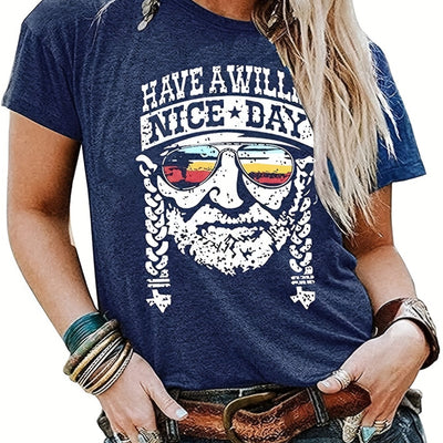 Vintage 'Have a Willie Nice Day' Letter Print Crew Neck T-Shirt, Casual Every Day Tops, Women's Clothing