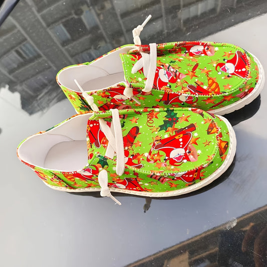 Women's Cartoon Print Casual Loafers: Slip Into Festive Fun with Lightweight Flat Canvas Shoes for Christmas!