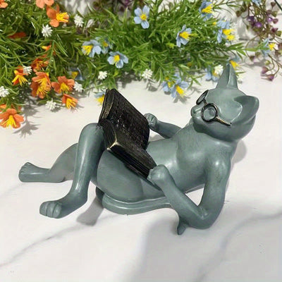 Whimsical Cat Reading Statue: Adorn Your Garden with this Charming Resin Ornament, Perfect for Patio, Yard, and Home Office Decor!