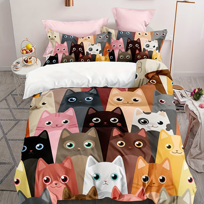 Cat Print Duvet Cover Set: Soft and Comfortable Bedding for Bedroom and Guest Room(1*Duvet Cover + 2*Pillowcases, Without Core)