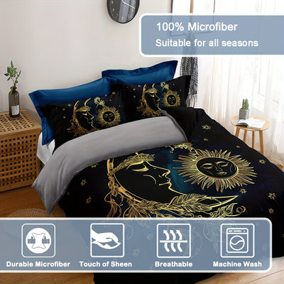 Golden Star and Sun Moon Duvet Cover Set: Luxurious and Cozy Bedding for Bedroom or Guest Room (1*Duvet Cover + 2*Pillowcases, Without Core)