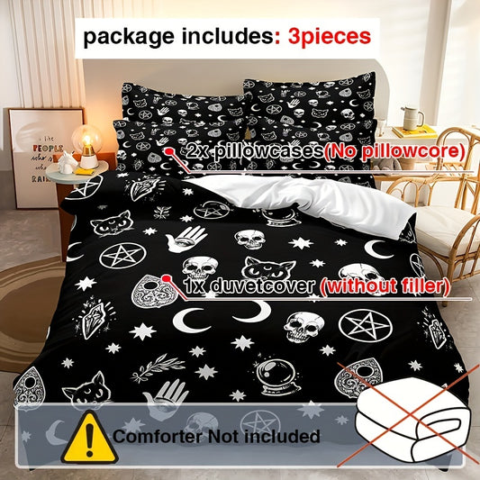 Spooky and Stylish: 3-Piece Black Halloween Duvet Cover Set – Skull, Satan Cat, and Witchcraft Printed Design - Includes 1 Duvet Cover and 2 Pillowcases (No Core)