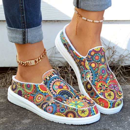 These shoes feature a tribal floral pattern and are made of canvas for a lightweight, breathable feel. With a low top design and soft sole, these shoes provide all-day comfort and are ideal for a casual walk or any outdoor activity.