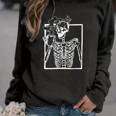 Halloween Skull Drink Graphic Print Sweatshirt, Casual Long Sleeve Crew Neck Sweatshirt, Women's Clothing