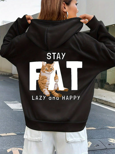 Cozy and Chic: Women's Plus Size Cat Slogan Hooded Sweatshirt with Pockets