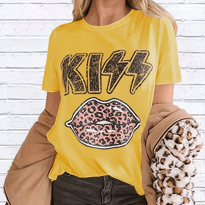 Vintage Leopard Lips Print T-shirt, Retro Short Sleeve Crew Neck T-shirt, Casual Every Day Tops, Women's Clothing