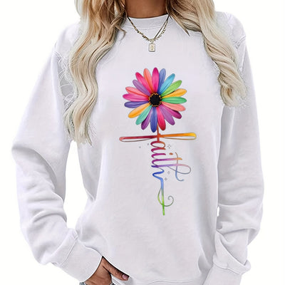 Faith & Colorfull Flower Print Sweatshirt, Casual Long Sleeve Crew Neck Sweatshirt For Fall & Winter, Women's Clothing