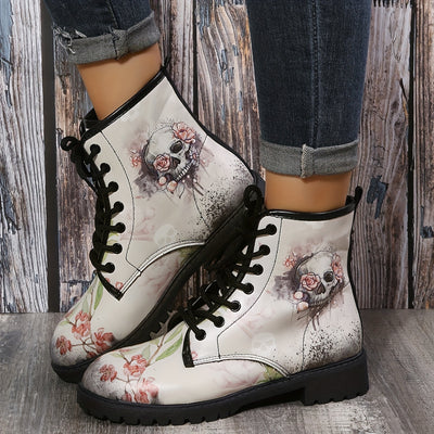 Horror Chic: Women's Skull Print Short Boots - Halloween-inspired Fashion with Lace-up Comfort