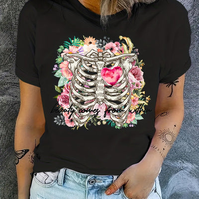 Skeleton Flower and Heart Graphic Tee: Embrace Summer Style with Casual Sports T-Shirts for Women