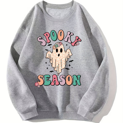 Cute Ghost Print Sweatshirt, Casual Long Sleeve Crew Neck Sweatshirt For Fall & Winter, Women's Clothing