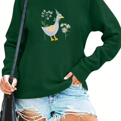 Quacktastic Comfort: Cute Duck Letter Print Crew Neck Sweatshirt - Casual Long Sleeve Loose Sweatshirt for Women