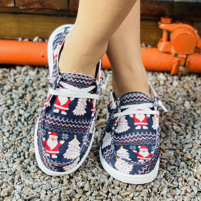 Santa Claus & Geometric Print Canvas Sneakers - Lightweight Christmas Pattern Low Top Walking Shoes for Women