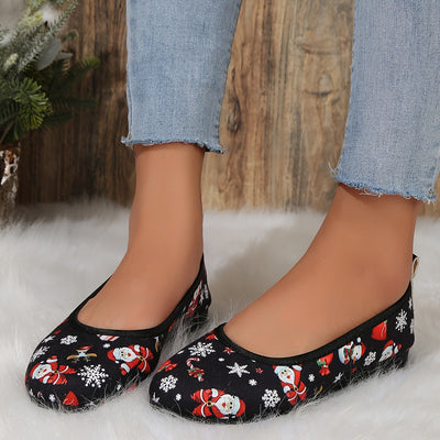 Festive and Comfortable Women's Cartoon Print Flats: Lightweight Slip-on Shoes for Daily Wear and Christmas Celebrations