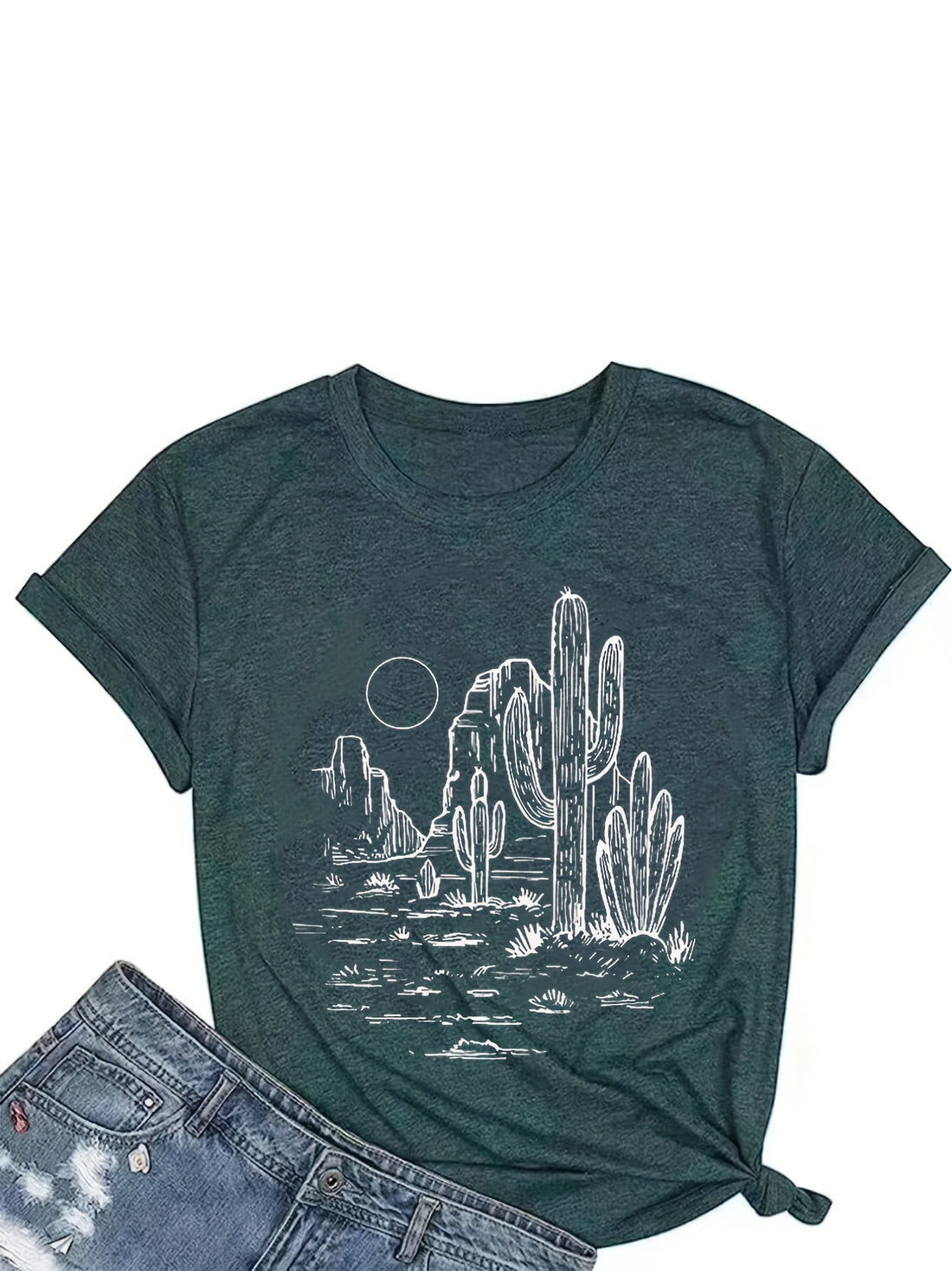 This stylish cactus graphic print T-shirt for women is perfect for everyday casual wear. Crafted from lightweight cotton fabric, it features a relaxed fit with a crew neckline for all-day comfort. The fun and unique cactus design adds a dash of personality to your wardrobe.