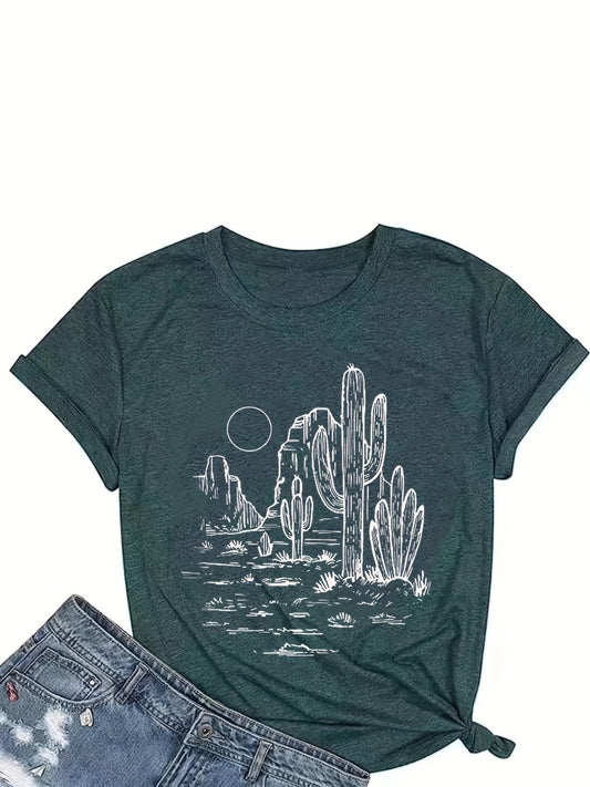Stylishly Chic: Women's Casual Crew Neck Cactus Graphic Print T-Shirt