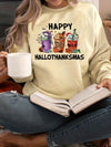 Our Festive Fusion: Happy Hallothanksmas Print Sweatshirt is designed to keep you cozy and comfortable while adding a fun touch to your wardrobe. Featuring a vibrant, festive print, it's a perfect addition to your holiday attire. The lightweight and breathable fabric will help you stay warm and cozy all season.