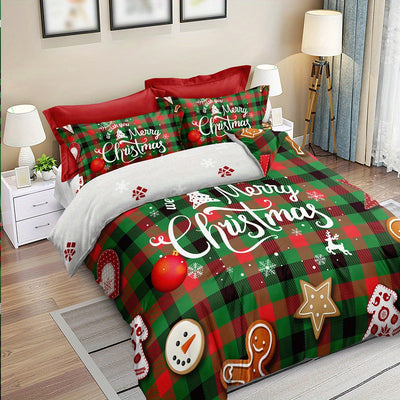 Christmas Wonderland: Festive Duvet Cover Set with Delightful Tree, Gingerbread Man, and Snowflake Print - Includes 1 Duvet Cover and 2 Pillowcases(No Core)