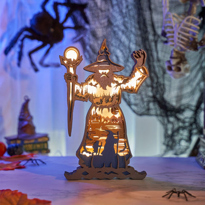 Wizard Halloween 3D Wooden Art Carved Ornament: Illuminate Your Space with Multicolor LED Night Light Decoration - Perfect Home Décor Gift for All Occasions