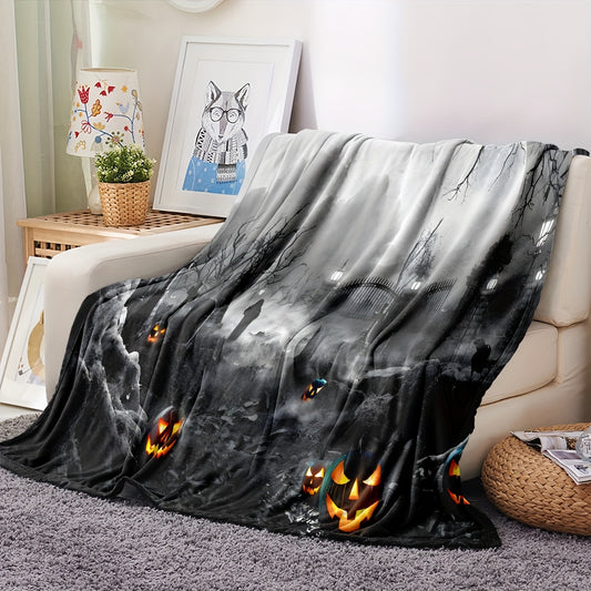 Horror Pumpkin Cemetery Tombstone Print Flannel Blanket: Your Perfect Halloween Shawl for a Spooky Nap on the Sofa!