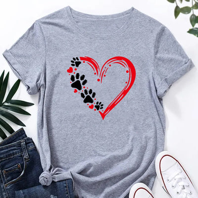 Dog Paw and Red Heart Print T-Shirt, Short Sleeve Crew Neck Casual Top For Spring & Summer, Women's Clothing