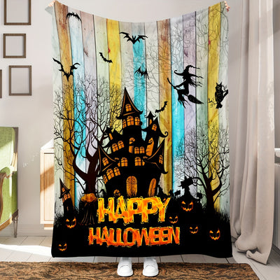 Halloween Elements Blanket: Cozy Up with Dark Castle, Pumpkin, Witch, and Bat Print Flannel Blanket - Perfect for Couch, Sofa, Office, Bed, Camping, and Traveling