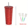 500ml/16.9oz Rhinestone Design Double Stainless Steel Thermal Bottle and Straw - Portable Tumbler Cup for Coffee and Water