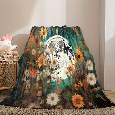 Floral and Moon Print Blanket: Stay Cozy and Stylish with this Soft and Warm Flannel Throw Blanket for Couch, Sofa, Office, Bed, Camping, and Travelling