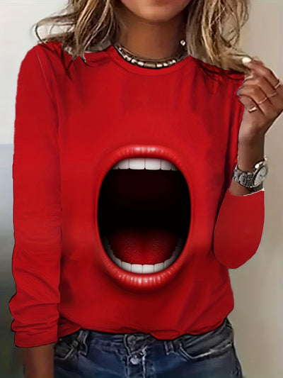 Casual Chic: Cartoon Mouth Print Crew Neck T-Shirt - A Must-Have Top for Women's Spring and Fall Wardrobe