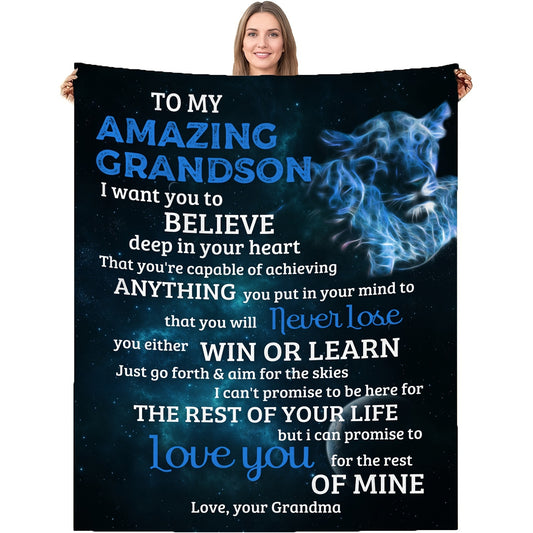 This Dark Blue & Letter Warm and Cozy Flannel Blanket is perfect for a Grandson from Grandma and Grandpa. Crafted from high-quality flannel, this cozy blanket is perfect for snuggling up on the couch, bed, or sofa. Enjoy the warmth and comfort this blanket brings!