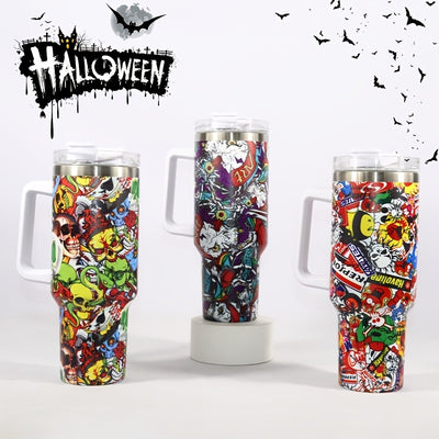 Enjoy your outdoor adventures with this 40oz stainless steel tumbler. It features a colorful graffiti skull print and is leakproof, insulated for up to 8 hours of hot or cold beverages, and comes with a lid and straw. Perfect for camping, hiking, and driving