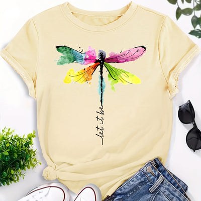 Colorful Dragonfly Print Crew Neck T-Shirt, Casual Short Sleeve T-Shirt For Spring & Summer, Women's Clothing